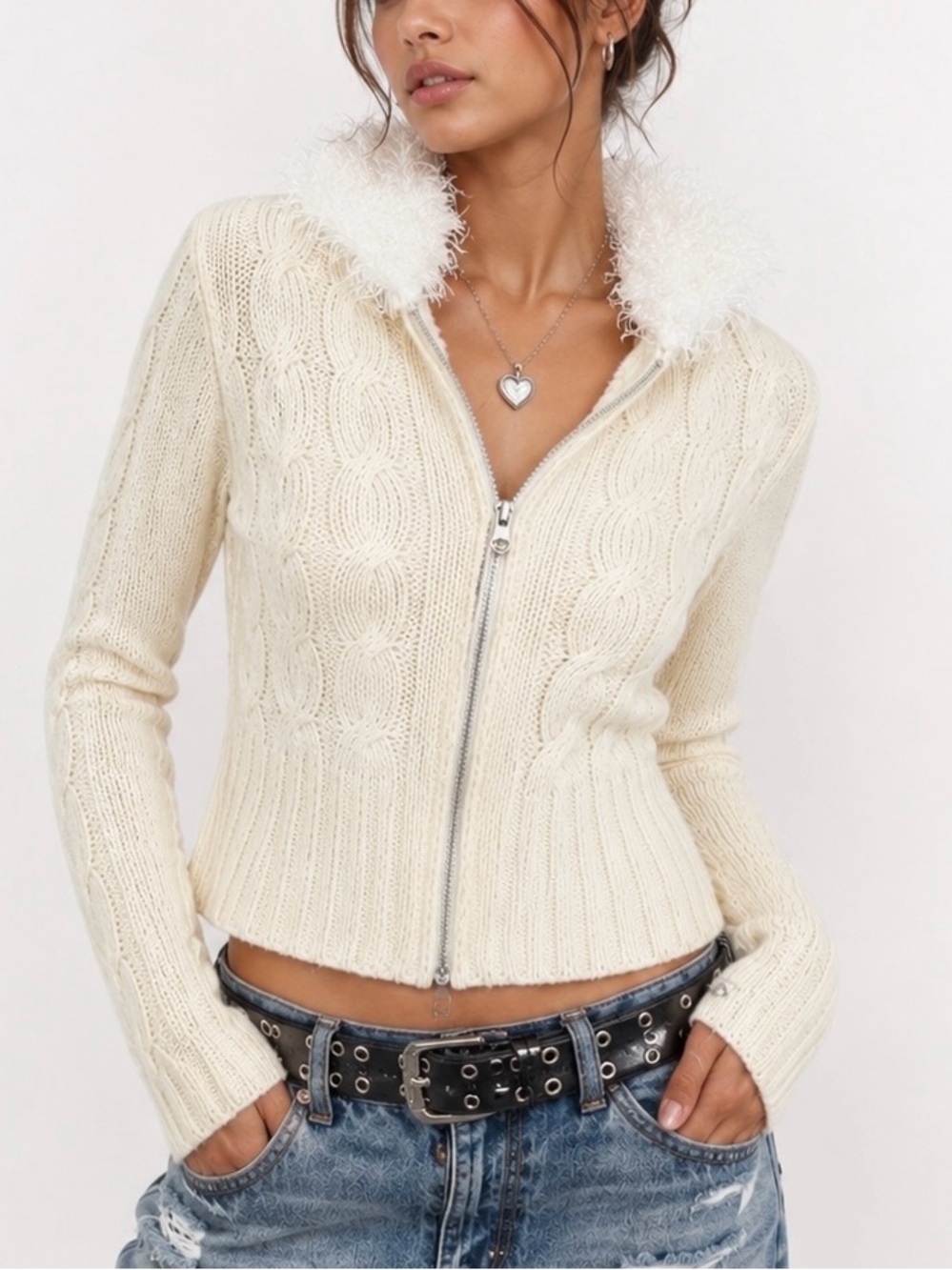 Airport Vintage Y2K Cream Zip-Up Cardigan Cable Knit Faux Fur Collar Medium